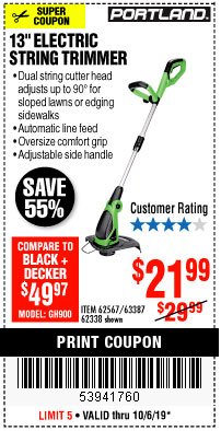 Harbor Freight Coupon 13" ELECTRIC STRING TRIMMER Lot No. 62567/62338 Expired: 10/6/19 - $21.99