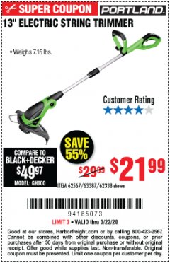 Harbor Freight Coupon 13" ELECTRIC STRING TRIMMER Lot No. 62567/62338 Expired: 3/22/20 - $21.99