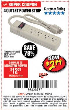 Harbor Freight Coupon FOUR OUTLET POWER STRIP Lot No. 91334/69689/62495/62505/62497 Expired: 7/31/18 - $2.49