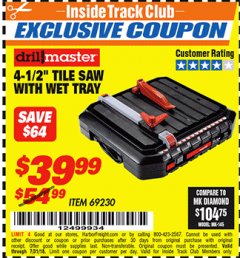 Harbor Freight ITC Coupon 4-1/2" TILE SAW WITH WET TRAY Lot No. 3733/69230 Expired: 7/31/18 - $39.99