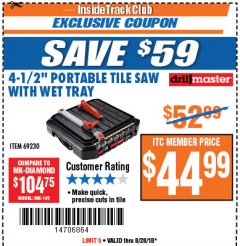 Harbor Freight ITC Coupon 4-1/2" TILE SAW WITH WET TRAY Lot No. 3733/69230 Expired: 8/28/18 - $44.99