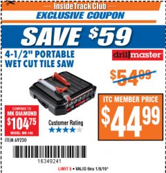 Harbor Freight ITC Coupon 4-1/2" TILE SAW WITH WET TRAY Lot No. 3733/69230 Expired: 1/9/19 - $44.99