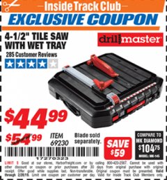 Harbor Freight ITC Coupon 4-1/2" TILE SAW WITH WET TRAY Lot No. 3733/69230 Expired: 2/28/19 - $44.99