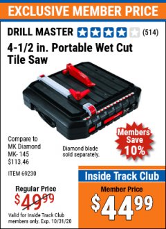 Harbor Freight ITC Coupon 4-1/2" TILE SAW WITH WET TRAY Lot No. 3733/69230 Expired: 10/31/20 - $44.99