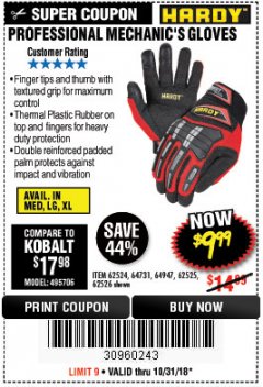 Harbor Freight Coupon PROFESSIONAL MECHANIC'S GLOVES Lot No. 62524/68307/68308/62525/68309/62526 Expired: 10/31/18 - $9.99