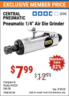 Harbor Freight ITC Coupon 1/4" AIR DIE GRINDER Lot No. 92144 Expired: 9/30/20 - $7.99