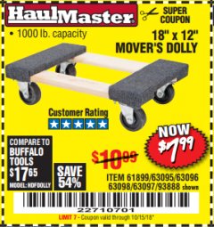 Harbor Freight Coupon 18" X 12" HARDWOOD MOVER'S DOLLY Lot No. 93888/60497/61899/62399/63095/63096/63097/63098 Expired: 10/15/18 - $7.99