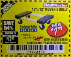 Harbor Freight Coupon 18" X 12" HARDWOOD MOVER'S DOLLY Lot No. 93888/60497/61899/62399/63095/63096/63097/63098 Expired: 8/18/18 - $7.99