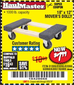 Harbor Freight Coupon 18" X 12" HARDWOOD MOVER'S DOLLY Lot No. 93888/60497/61899/62399/63095/63096/63097/63098 Expired: 9/30/18 - $7.99