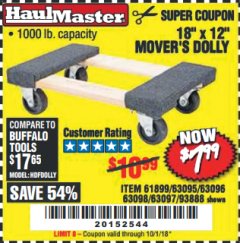 Harbor Freight Coupon 18" X 12" HARDWOOD MOVER'S DOLLY Lot No. 93888/60497/61899/62399/63095/63096/63097/63098 Expired: 10/1/18 - $7.99