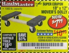 Harbor Freight Coupon 18" X 12" HARDWOOD MOVER'S DOLLY Lot No. 93888/60497/61899/62399/63095/63096/63097/63098 Expired: 10/30/18 - $7.99