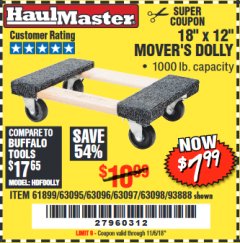 Harbor Freight Coupon 18" X 12" HARDWOOD MOVER'S DOLLY Lot No. 93888/60497/61899/62399/63095/63096/63097/63098 Expired: 11/6/18 - $7.99