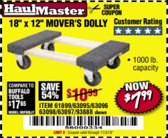 Harbor Freight Coupon 18" X 12" HARDWOOD MOVER'S DOLLY Lot No. 93888/60497/61899/62399/63095/63096/63097/63098 Expired: 11/3/18 - $7.99