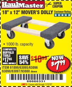 Harbor Freight Coupon 18" X 12" HARDWOOD MOVER'S DOLLY Lot No. 93888/60497/61899/62399/63095/63096/63097/63098 Expired: 11/12/18 - $7.99
