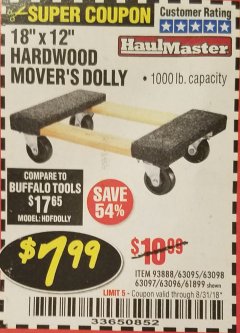 Harbor Freight Coupon 18" X 12" HARDWOOD MOVER'S DOLLY Lot No. 93888/60497/61899/62399/63095/63096/63097/63098 Expired: 8/31/18 - $7.99