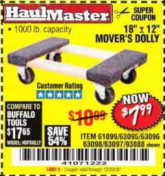 Harbor Freight Coupon 18" X 12" HARDWOOD MOVER'S DOLLY Lot No. 93888/60497/61899/62399/63095/63096/63097/63098 Expired: 12/20/18 - $7.99