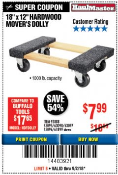 Harbor Freight Coupon 18" X 12" HARDWOOD MOVER'S DOLLY Lot No. 93888/60497/61899/62399/63095/63096/63097/63098 Expired: 9/2/18 - $7.99