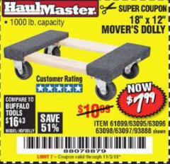 Harbor Freight Coupon 18" X 12" HARDWOOD MOVER'S DOLLY Lot No. 93888/60497/61899/62399/63095/63096/63097/63098 Expired: 11/3/18 - $7.99