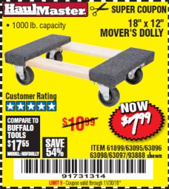 Harbor Freight Coupon 18" X 12" HARDWOOD MOVER'S DOLLY Lot No. 93888/60497/61899/62399/63095/63096/63097/63098 Expired: 11/30/18 - $7.99