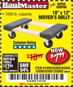 Harbor Freight Coupon 18" X 12" HARDWOOD MOVER'S DOLLY Lot No. 93888/60497/61899/62399/63095/63096/63097/63098 Expired: 1/16/19 - $7.99