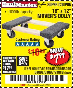 Harbor Freight Coupon 18" X 12" HARDWOOD MOVER'S DOLLY Lot No. 93888/60497/61899/62399/63095/63096/63097/63098 Expired: 1/20/19 - $7.99