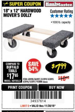 Harbor Freight Coupon 18" X 12" HARDWOOD MOVER'S DOLLY Lot No. 93888/60497/61899/62399/63095/63096/63097/63098 Expired: 11/30/18 - $7.99