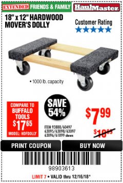 Harbor Freight Coupon 18" X 12" HARDWOOD MOVER'S DOLLY Lot No. 93888/60497/61899/62399/63095/63096/63097/63098 Expired: 12/16/18 - $7.99