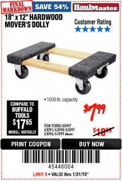 Harbor Freight Coupon 18" X 12" HARDWOOD MOVER'S DOLLY Lot No. 93888/60497/61899/62399/63095/63096/63097/63098 Expired: 1/31/19 - $7.99