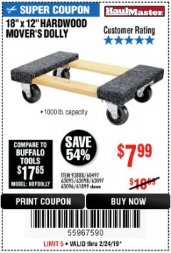Harbor Freight Coupon 18" X 12" HARDWOOD MOVER'S DOLLY Lot No. 93888/60497/61899/62399/63095/63096/63097/63098 Expired: 2/24/19 - $7.99