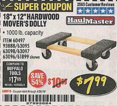 Harbor Freight Coupon 18" X 12" HARDWOOD MOVER'S DOLLY Lot No. 93888/60497/61899/62399/63095/63096/63097/63098 Expired: 4/30/19 - $7.99