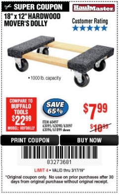 Harbor Freight Coupon 18" X 12" HARDWOOD MOVER'S DOLLY Lot No. 93888/60497/61899/62399/63095/63096/63097/63098 Expired: 3/17/19 - $7.99