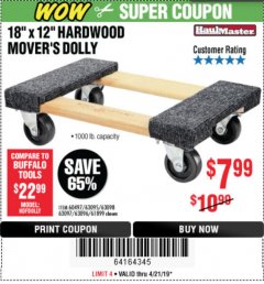 Harbor Freight Coupon 18" X 12" HARDWOOD MOVER'S DOLLY Lot No. 93888/60497/61899/62399/63095/63096/63097/63098 Expired: 4/21/19 - $7.99