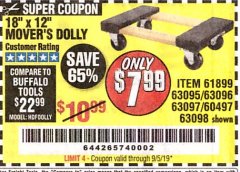 Harbor Freight Coupon 18" X 12" HARDWOOD MOVER'S DOLLY Lot No. 93888/60497/61899/62399/63095/63096/63097/63098 Expired: 9/5/19 - $7.99