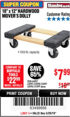 Harbor Freight Coupon 18" X 12" HARDWOOD MOVER'S DOLLY Lot No. 93888/60497/61899/62399/63095/63096/63097/63098 Expired: 5/20/19 - $7.99
