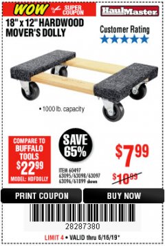 Harbor Freight Coupon 18" X 12" HARDWOOD MOVER'S DOLLY Lot No. 93888/60497/61899/62399/63095/63096/63097/63098 Expired: 6/16/19 - $7.99