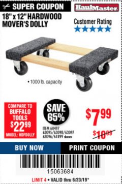 Harbor Freight Coupon 18" X 12" HARDWOOD MOVER'S DOLLY Lot No. 93888/60497/61899/62399/63095/63096/63097/63098 Expired: 6/23/19 - $7.99