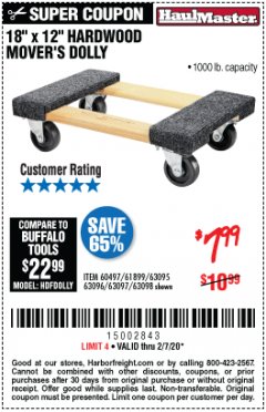 Harbor Freight Coupon 18" X 12" HARDWOOD MOVER'S DOLLY Lot No. 93888/60497/61899/62399/63095/63096/63097/63098 Expired: 2/7/20 - $7.99