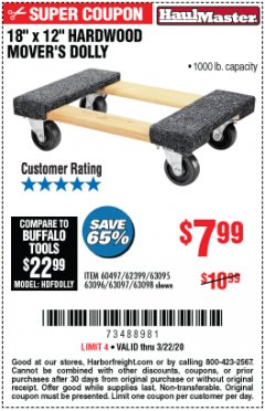 Harbor Freight Coupon 18" X 12" HARDWOOD MOVER'S DOLLY Lot No. 93888/60497/61899/62399/63095/63096/63097/63098 Expired: 3/22/20 - $7.99