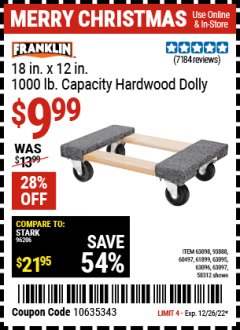 Harbor Freight Coupon 18" X 12" HARDWOOD MOVER'S DOLLY Lot No. 93888/60497/61899/62399/63095/63096/63097/63098 Expired: 12/26/22 - $9.99