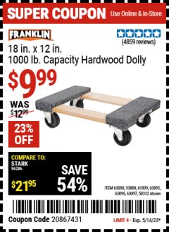 Harbor Freight Coupon 18" X 12" HARDWOOD MOVER'S DOLLY Lot No. 93888/60497/61899/62399/63095/63096/63097/63098 Expired: 5/14/23 - $9.99