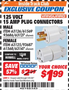 Harbor Freight ITC Coupon 125 VOLT, 15 AMP MALE OR FEMALE CONNECTOR Lot No. 93686/63147/93687/63125/63126/63127 Expired: 1/31/20 - $1.99
