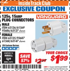 Harbor Freight ITC Coupon 125 VOLT, 15 AMP MALE OR FEMALE CONNECTOR Lot No. 93686/63147/93687/63125/63126/63127 Expired: 6/30/20 - $1.99