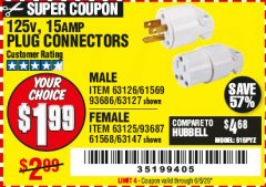 Harbor Freight Coupon 125 VOLT, 15 AMP MALE OR FEMALE CONNECTOR Lot No. 93686/63147/93687/63125/63126/63127 Expired: 6/30/20 - $1.99