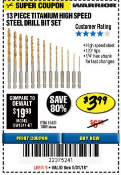 Harbor Freight Coupon 13 PIECE TITANIUM NITRIDE COATED HIGH SPEED STEEL DRILL BITS Lot No. 1800/61621 Expired: 5/31/18 - $3.99