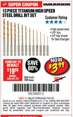 Harbor Freight Coupon 13 PIECE TITANIUM NITRIDE COATED HIGH SPEED STEEL DRILL BITS Lot No. 1800/61621 Expired: 7/31/18 - $3.99