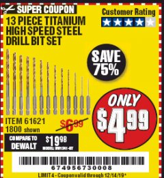 Harbor Freight Coupon 13 PIECE TITANIUM NITRIDE COATED HIGH SPEED STEEL DRILL BITS Lot No. 1800/61621 Expired: 12/14/19 - $4.99