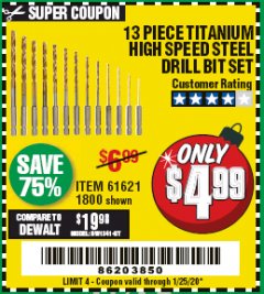 Harbor Freight Coupon 13 PIECE TITANIUM NITRIDE COATED HIGH SPEED STEEL DRILL BITS Lot No. 1800/61621 Expired: 1/25/20 - $4.99