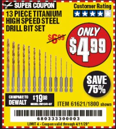 Harbor Freight Coupon 13 PIECE TITANIUM NITRIDE COATED HIGH SPEED STEEL DRILL BITS Lot No. 1800/61621 Expired: 6/30/20 - $4.99