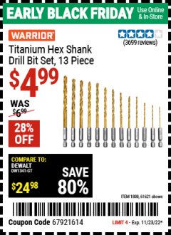 Harbor Freight Coupon 13 PIECE TITANIUM NITRIDE COATED HIGH SPEED STEEL DRILL BITS Lot No. 1800/61621 Expired: 11/23/22 - $4.99