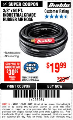 Harbor Freight ITC Coupon DIABLO 3/8" X 50 FT. HEAVY DUTY PREMIUM RUBBER AIR HOSE Lot No. 62884/69580/61939/62890 Expired: 1/10/19 - $19.99